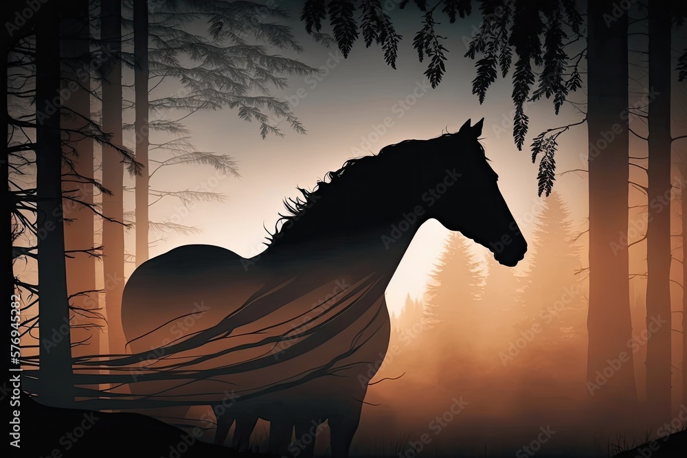 Gorgeous Arabian horse silhouetted against the morning sun peeking through the mists and trees. Gene