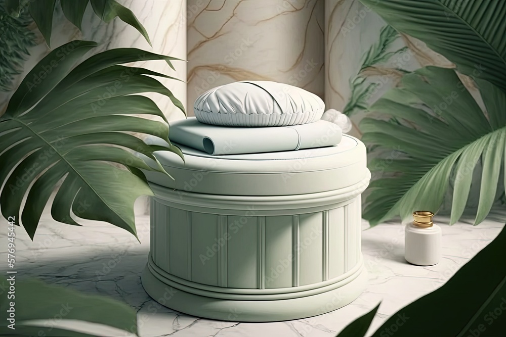 Round podium made of white marble, green palm frond, and cotton towels. Site, setting for cosmetics.