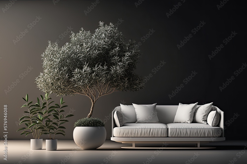 Picture of a mockup of a living rooms interior, featuring a white sofa, beige pillows, and a miniat