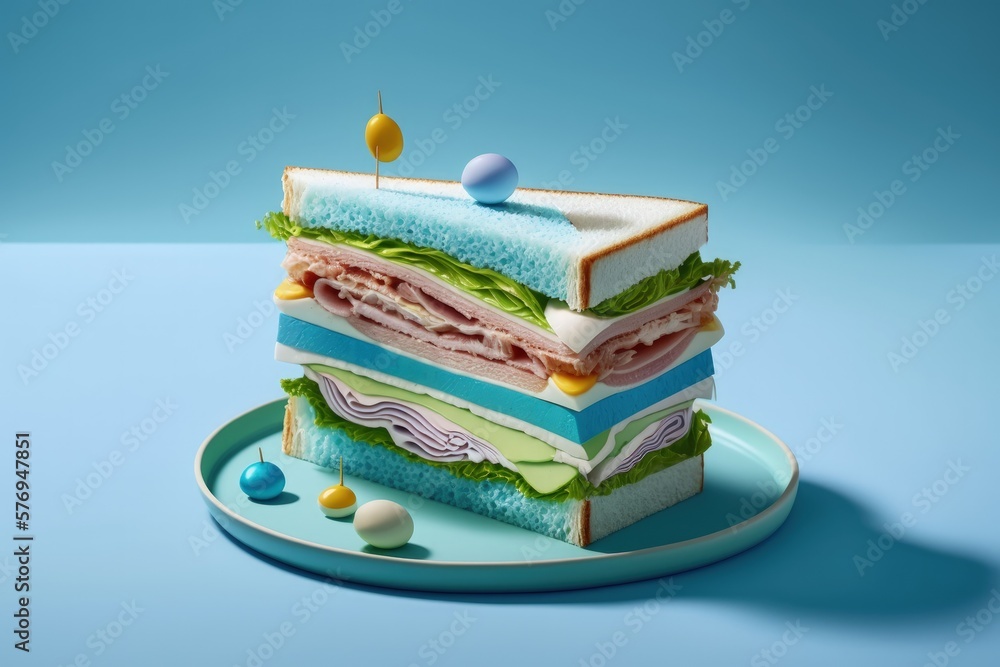 Club sandwich up close on a blue plate with ham, cheese, cucumber, tomato, and lettuce leaves with s