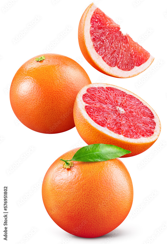 Grapefruit isolated. Grapefruit fruit: whole, half, slice and leaves on white background. Grapefruit