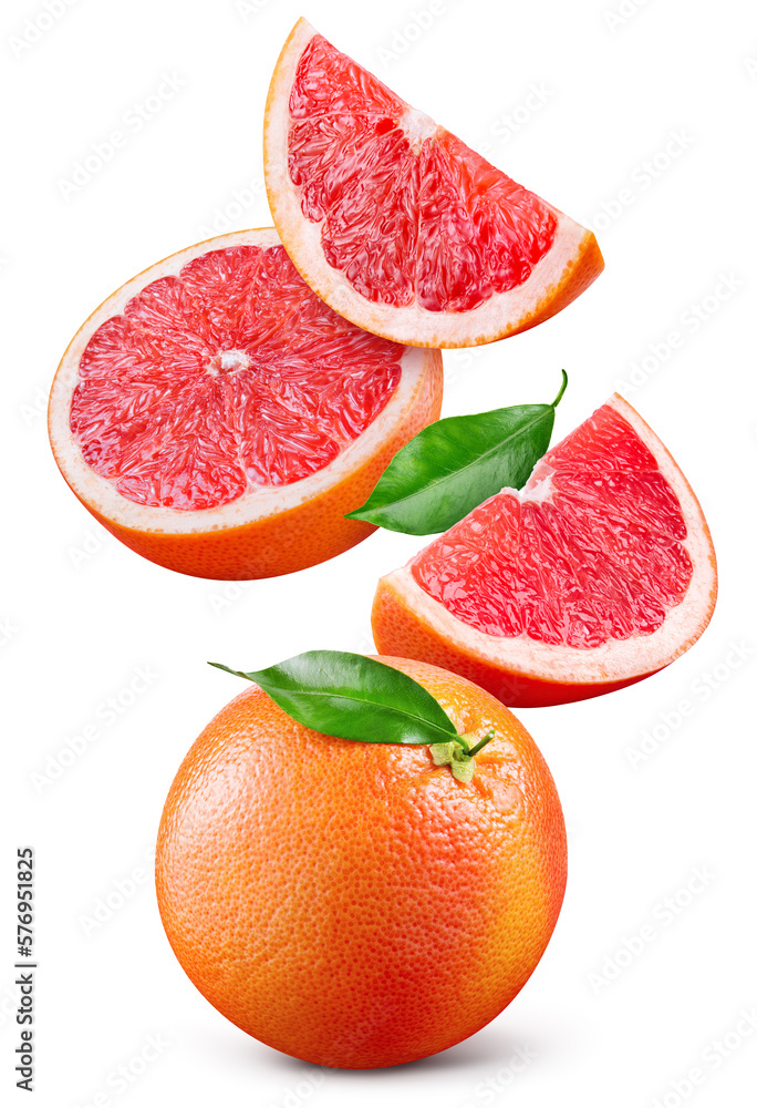 Grapefruit isolated. Grapefruit: whole, half, slice and leaves on white background. Grapefruit with 