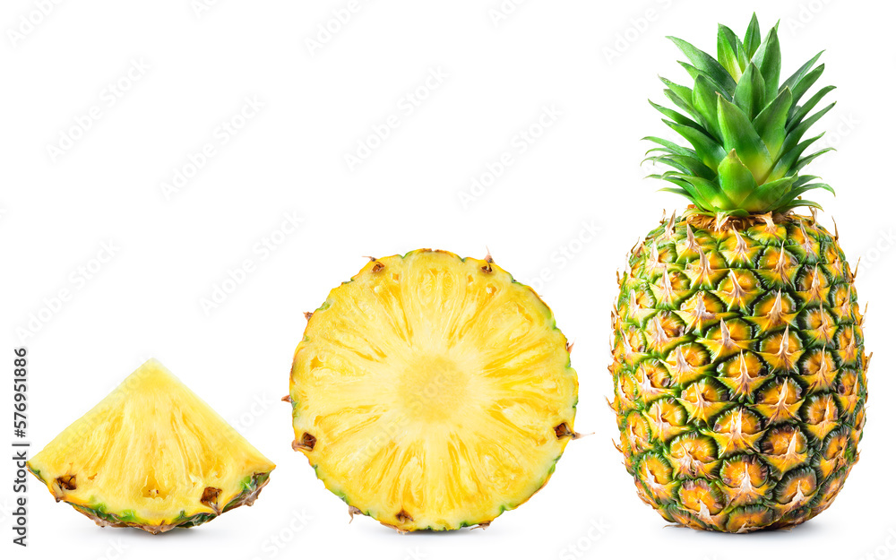 Pineapple isolated. Pineapple set on white background. Whole pineapple, round slice and triangle pie