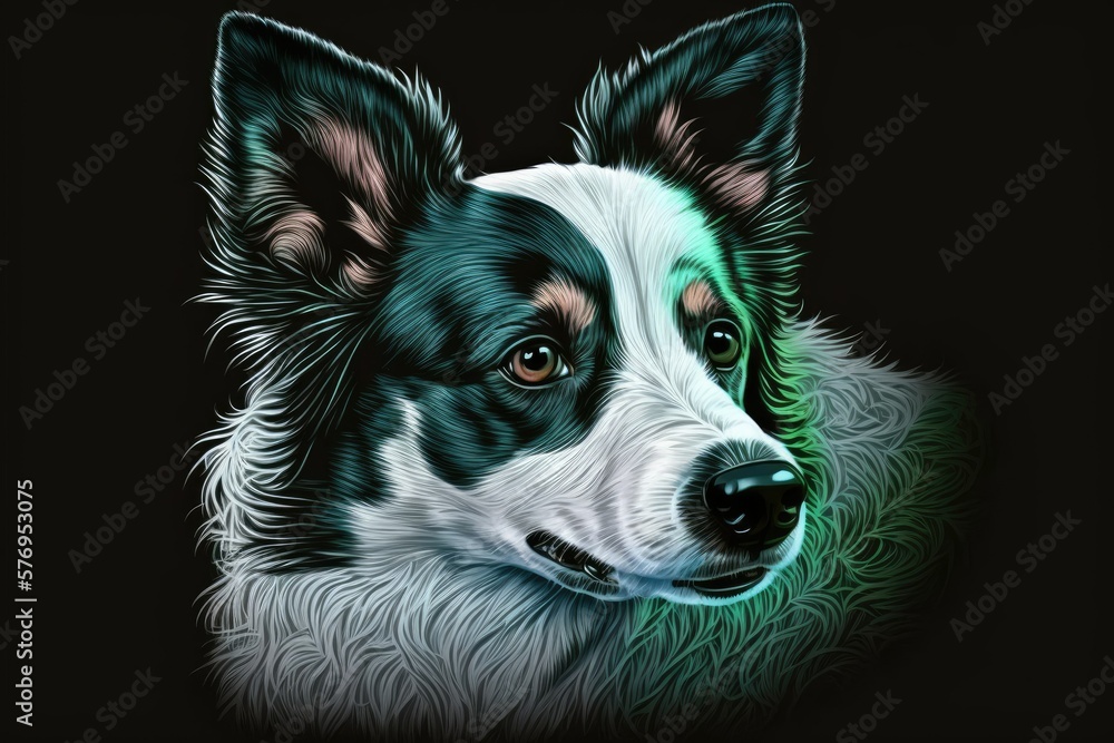 The dog, shown in oil on a dark backdrop, has blue eyes and is set against a green background. Gener