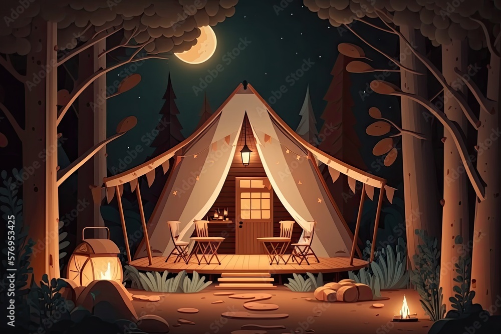 Glamping in the woods at night, complete with a tent decked up inside and out with lamps and wooden 