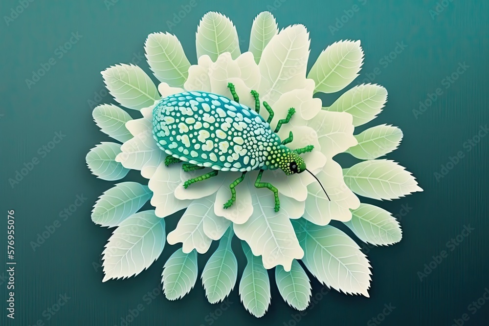 Copy space upper left, top view of a chrysanthemum lace bug relaxing on a leaf. Generative AI