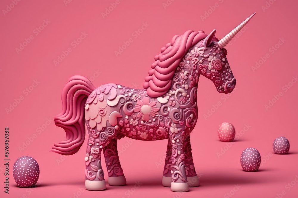 Toy unicorn on a pink backdrop. Generative AI