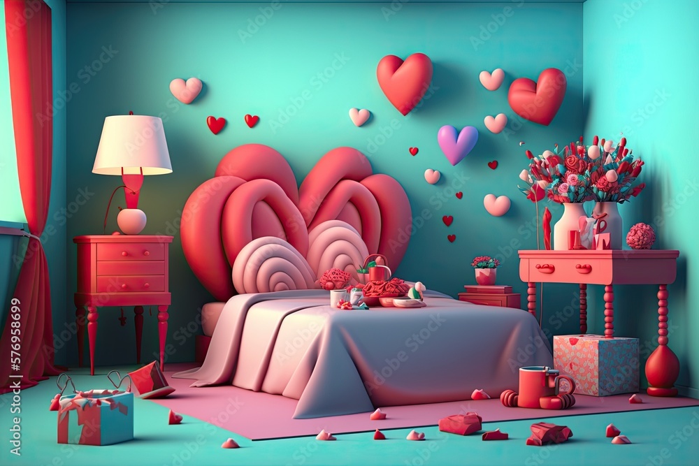 Valentines Day tablescapes, roses, and hearts adorn a bright bedroom interior. Generative AI