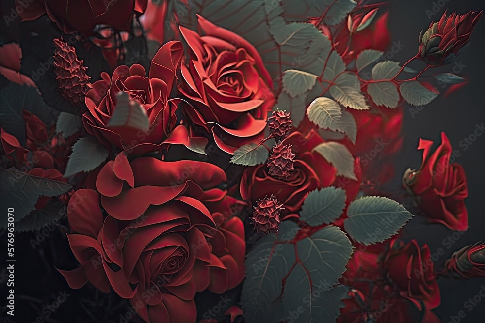 Huge, beautiful bouquet of red roses. Generative AI