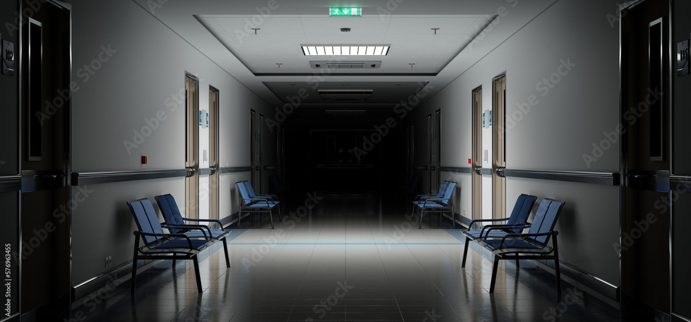 Long dark hospital corridor with rooms and seats 3D rendering. Empty accident and emergency interior