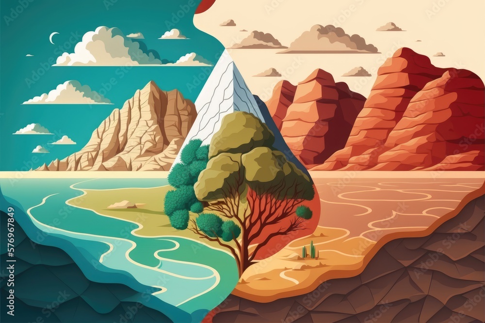 Scenery consisting of mountains, a lake, and a parched desert. Concept of Worldwide Climate Change. 