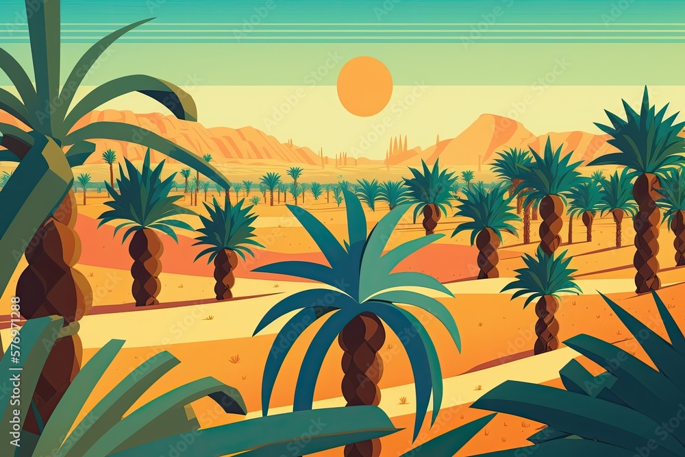 Scene overlooking a date palm grove. This image shows the Middle Eastern regions sophisticated dese