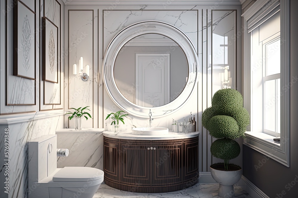 Elegant and contemporary bathroom design featuring white marble accent walls and a round mirror. The