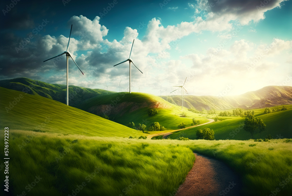 Landscape with windmills. Renewable electricity technology. Generative AI