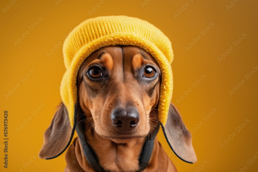 Dog wearing earflap hat made of fur, set against a yellow background. Accessorizing your dachshund w