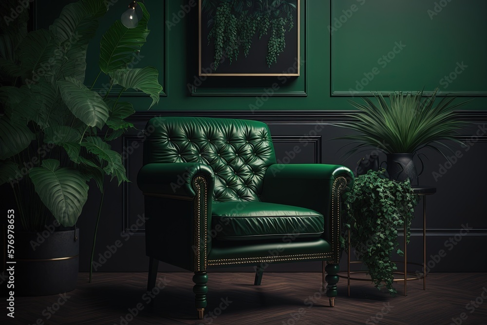 One green armchair in a living room with a backdrop of a dark green wall. Generative AI