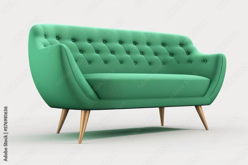 The sofa is a green classic modern style with wooden legs and is set against a white background. Sof