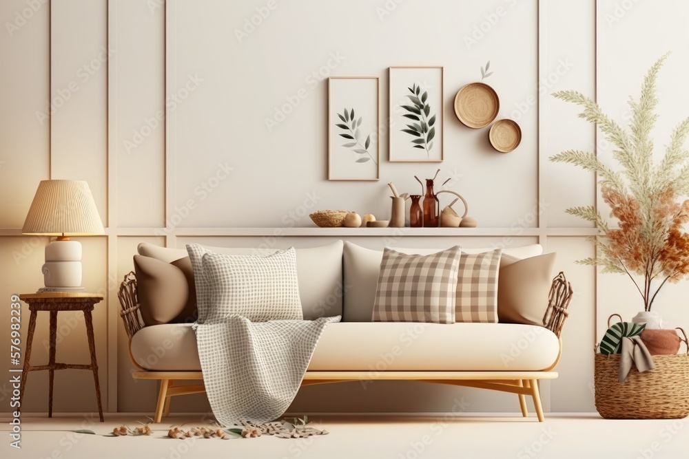 Mockup of a living rooms interior wall in cozy, earthy tones, featuring a beige linen sofa, pillows