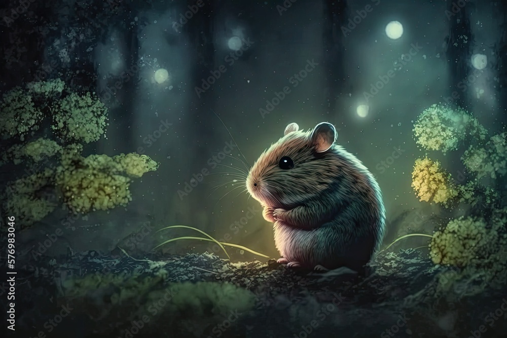 Poor rodent in the forest. Bokeh and a forested landscape. Generative AI