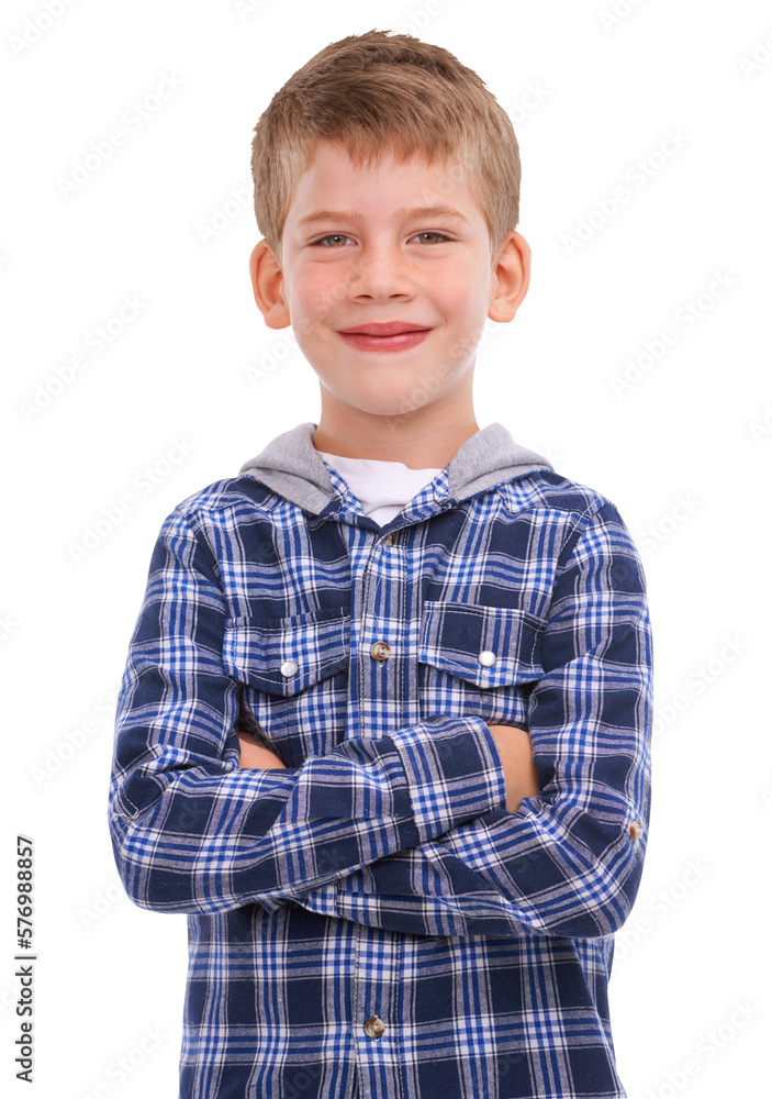 A young boy wearing a formal checked hoodie and stands with arms crossed, sporting a proud and joyfu