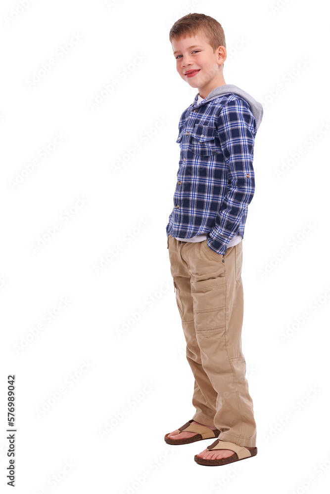 A stylish and fashionable young boy poses for the camera, with his hands casually in his pockets, wh