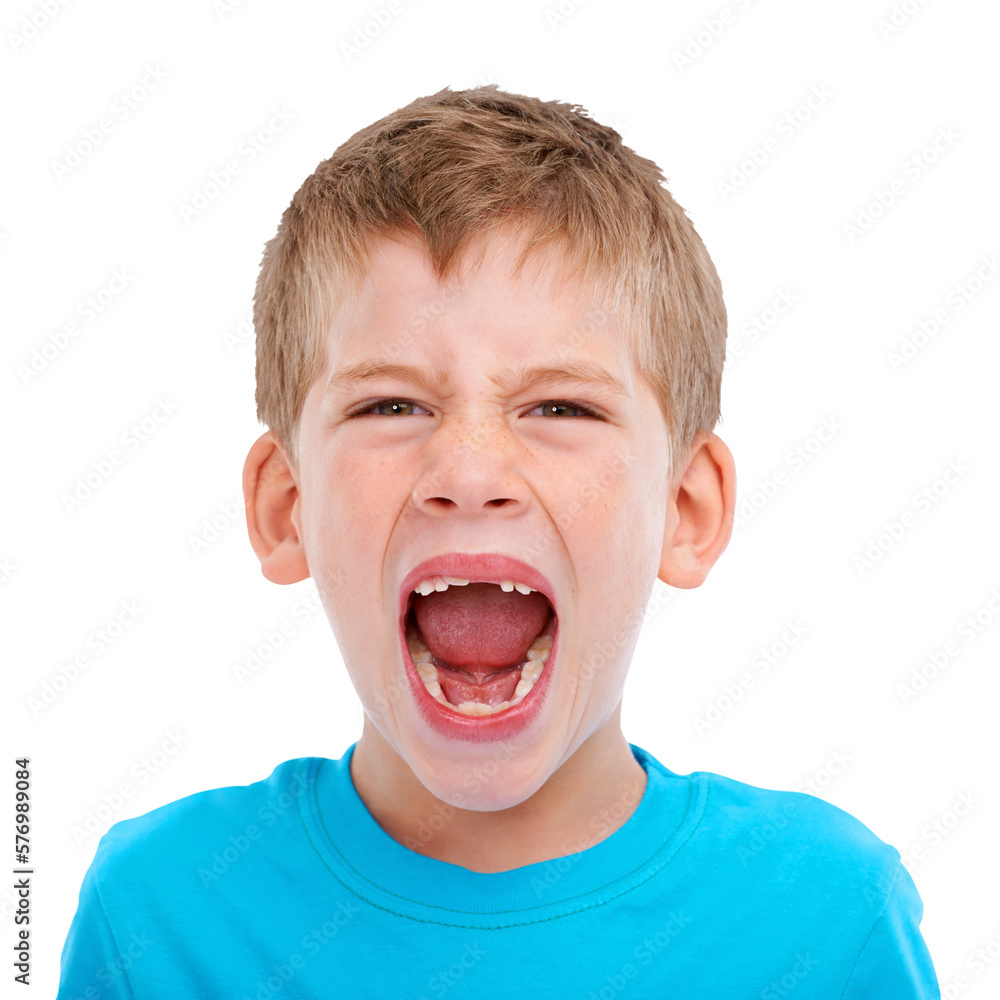 A young boy with ADHD or autism expresses his hyperactivity and frustration by screaming with anger,