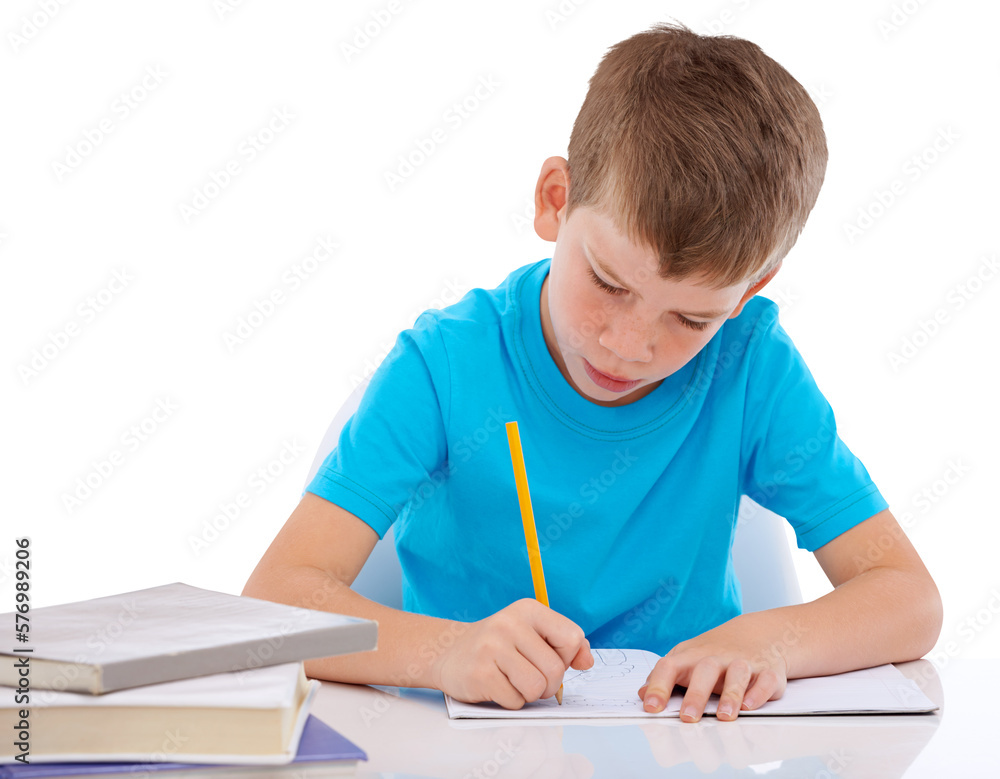 A young student diligently completing his homework at his desk, immersed in the process of learning 