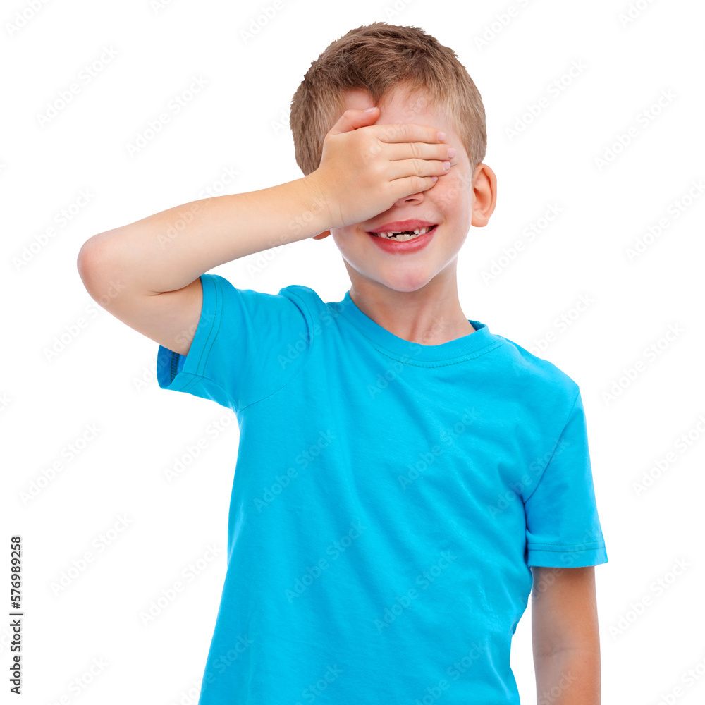 A child playing and covering his face with his hand playing hide and seek and surprises his kids fel