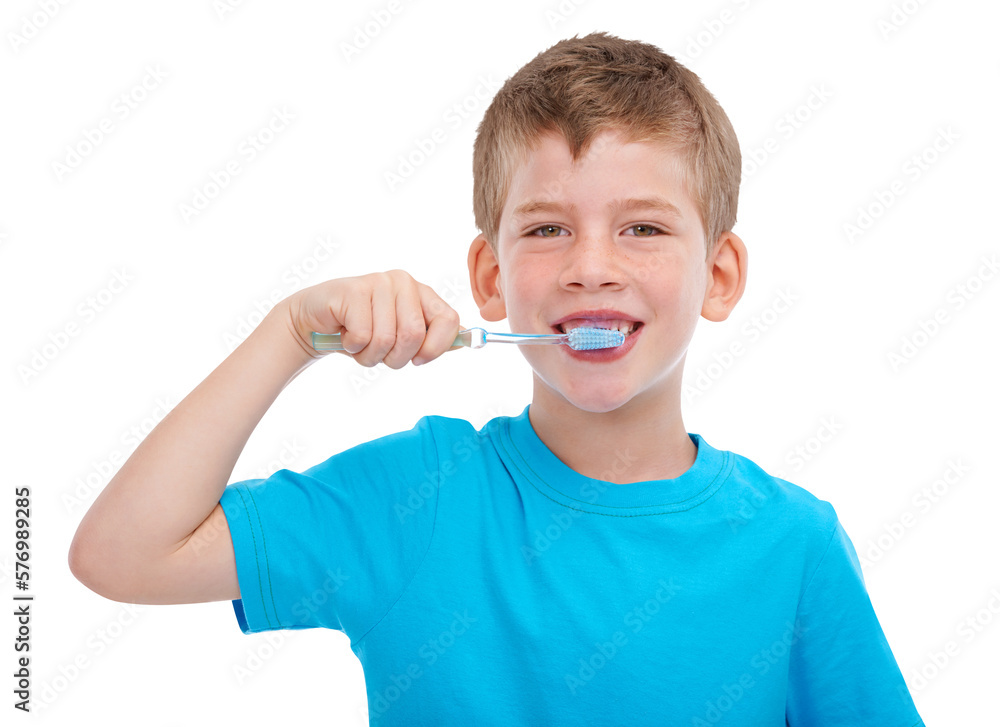 A happy boy brushing his teeth with a big smile, demonstrating the importance of dental care and mai