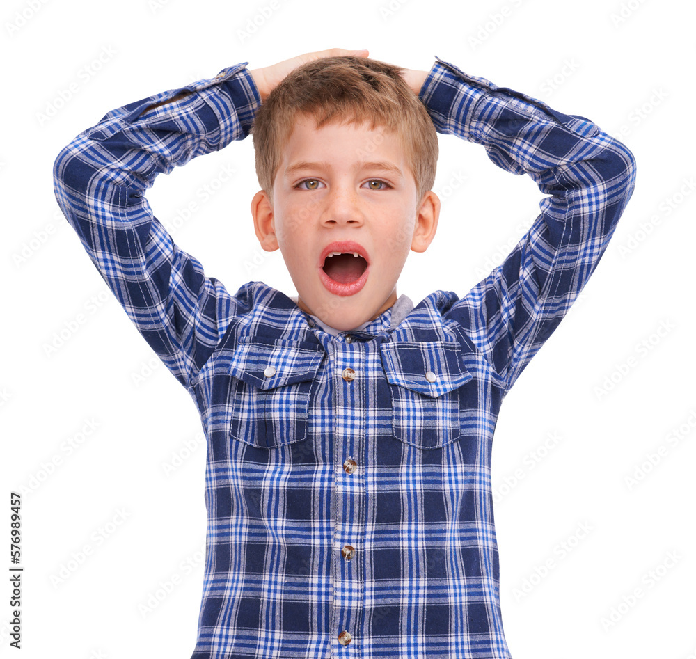 A young boy in casual clothing with a shocked expression with his hands on his head, as if in disbel