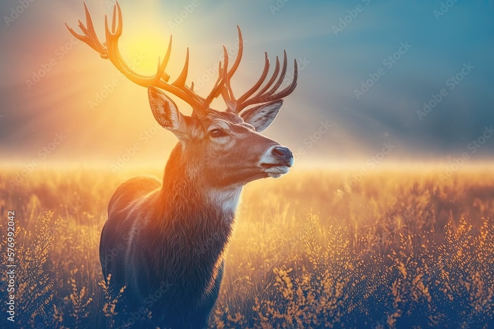 Golden rays of sunshine on a lovely deer in a grassy meadow. Generative AI