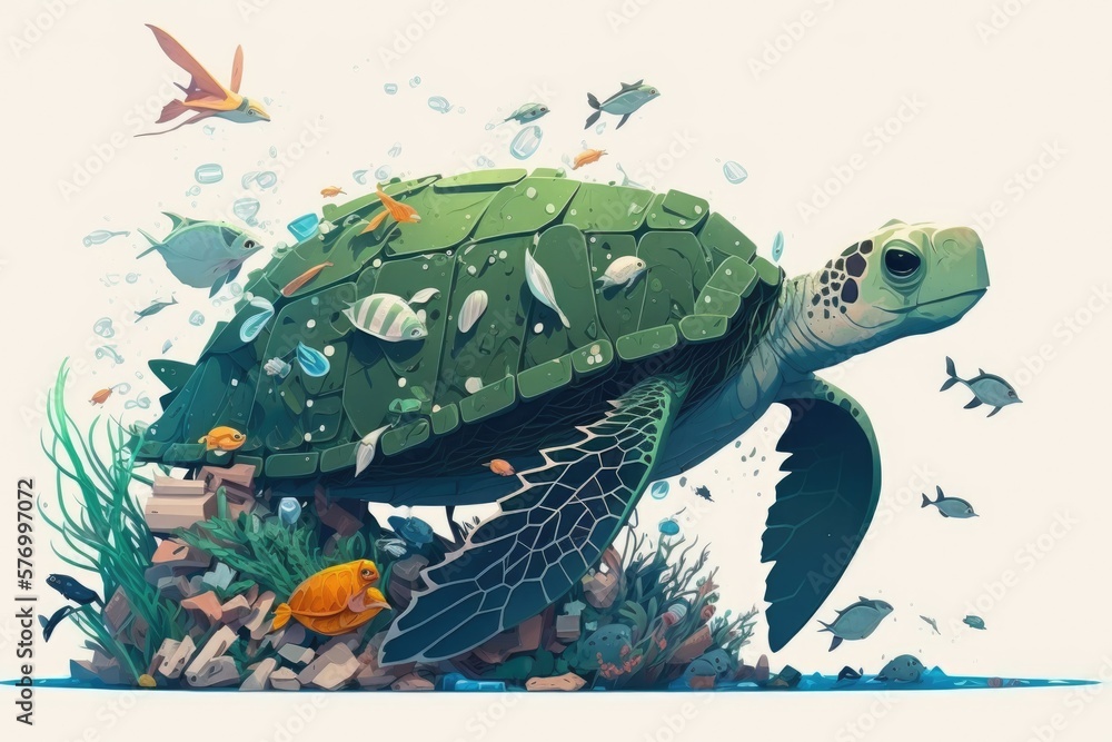 Floating trash is a major contributor to ocean pollution. A turtle swims past a pile of trash. Gener