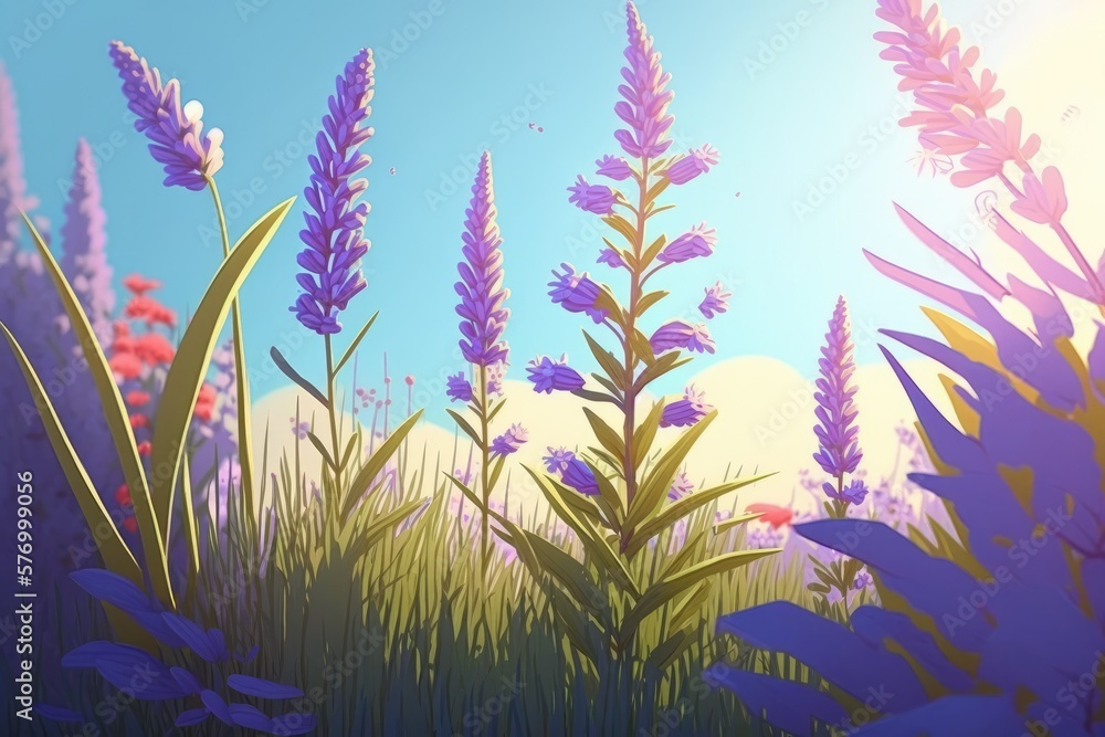 Bloom garden with a narrow perspective on a lavender flower bathed in sunlight. Generative AI