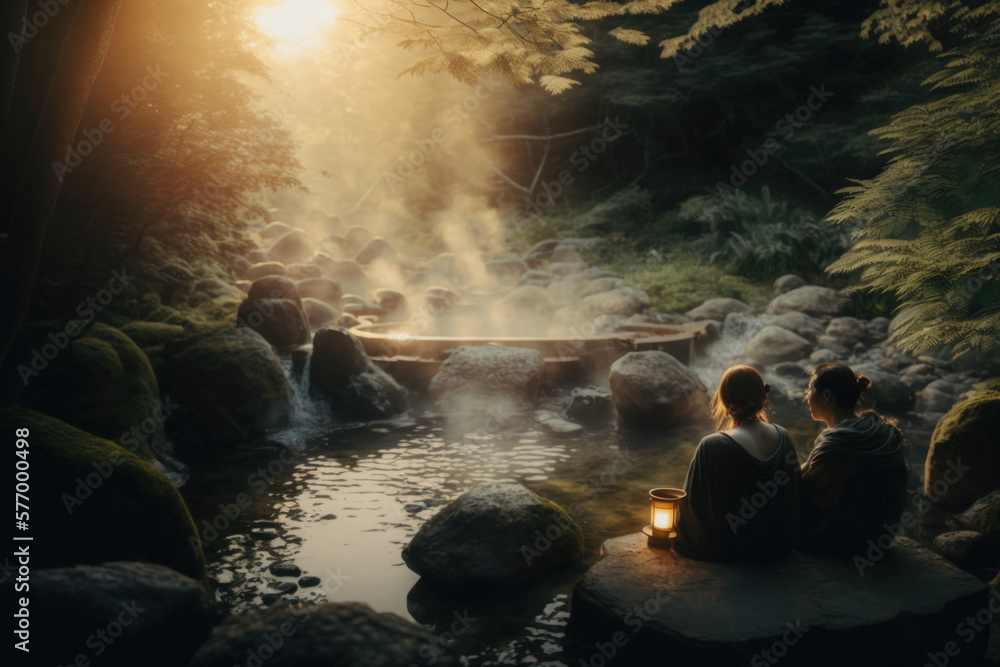 Escape to Tranquility: Couple Relaxing in Natural Hot Spring in Japanese Mountains retreat ai genera