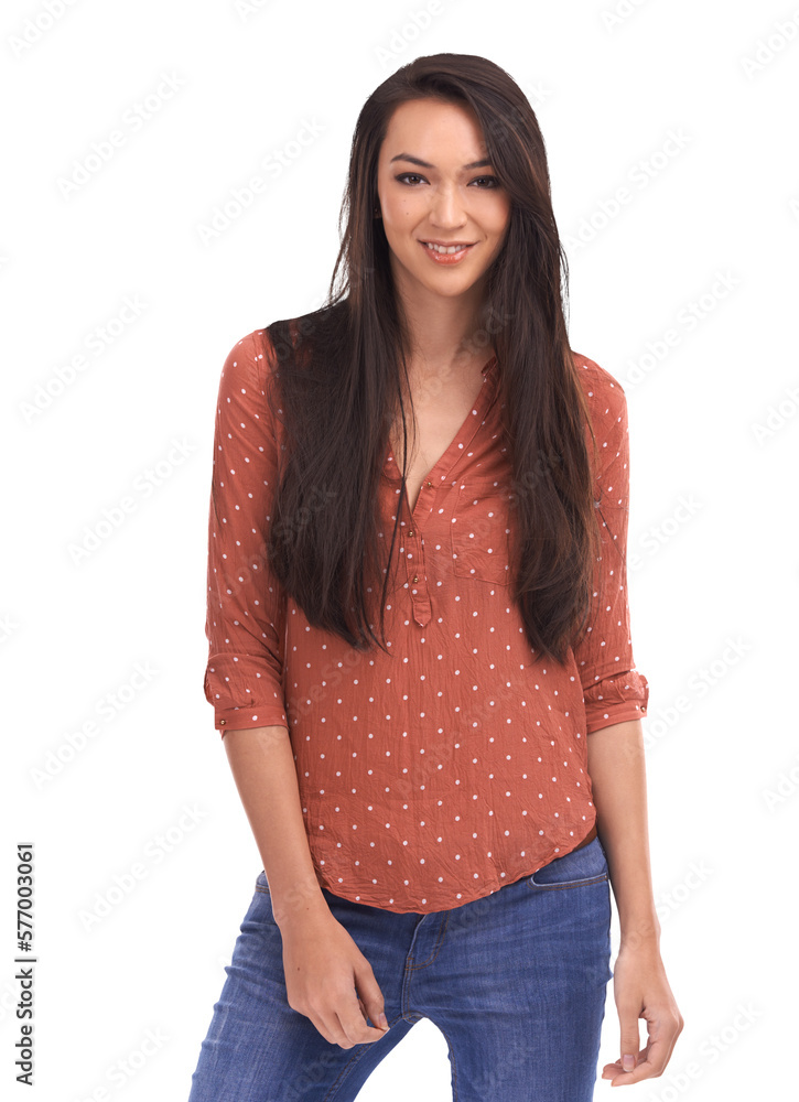 An attractive confident young girl posing in stylish fashion and trendy clothes or a female model po