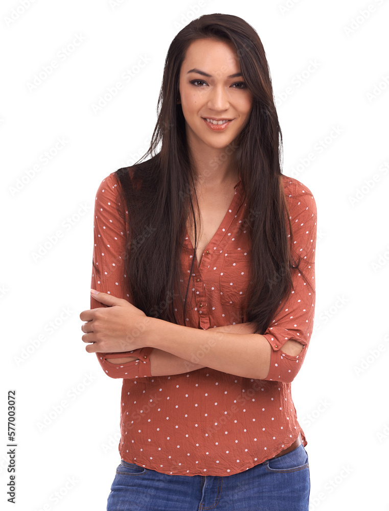 A beautiful young Asian woman smiling with arms crossed, pride and motivation marketing for a beauty