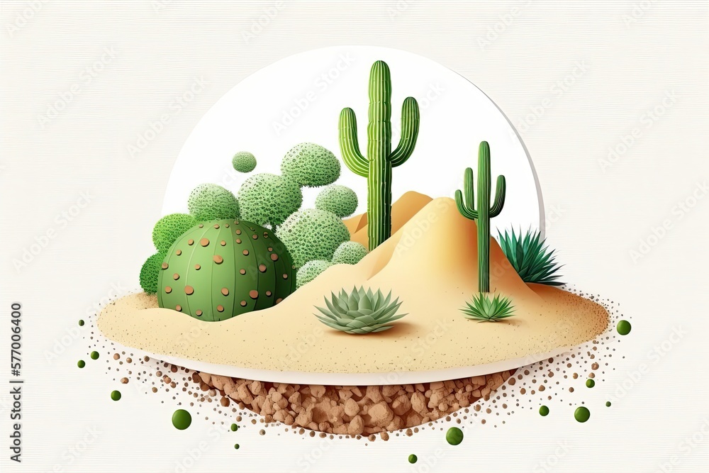 Picture of a soil sample, cactus, a sand dune, and a white background. Generative AI