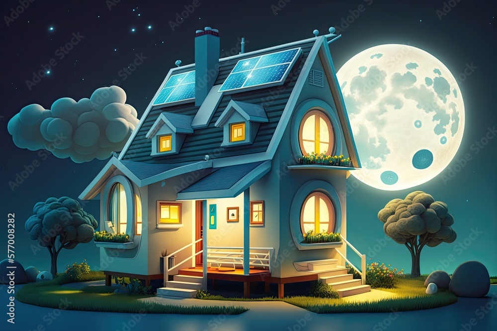 A new home equipped with solar panels. A stunning solar powered white house, seen at night. Generati