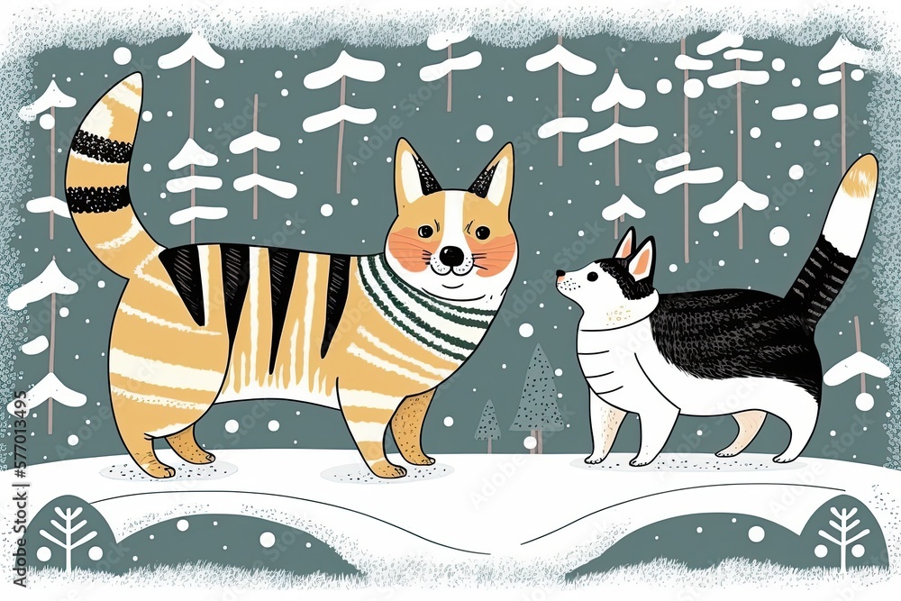 Rhetorical pals A striped cat and a corgi frolic in the snow of a winter garden. Generative AI