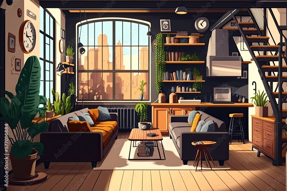 Loft apartment living room decorated in an industrial style,. Generative AI