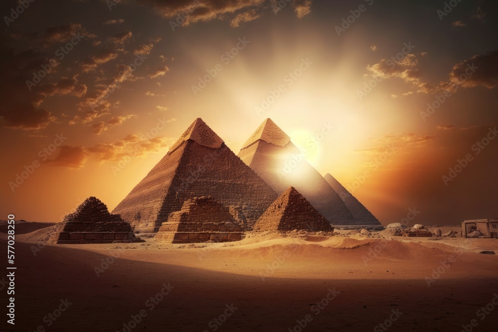 A beautiful evening view of the Giza pyramids at sunset. Egypt. Generative AI