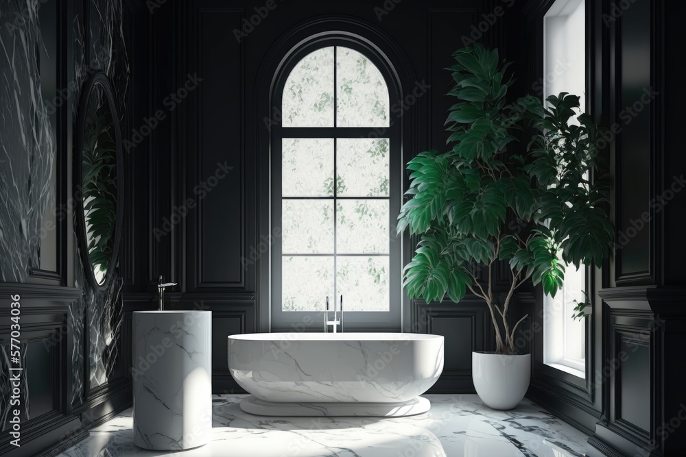 Modern, elegant, and luxurious black bathroom with black marble tile, a black bathtub, a black plant