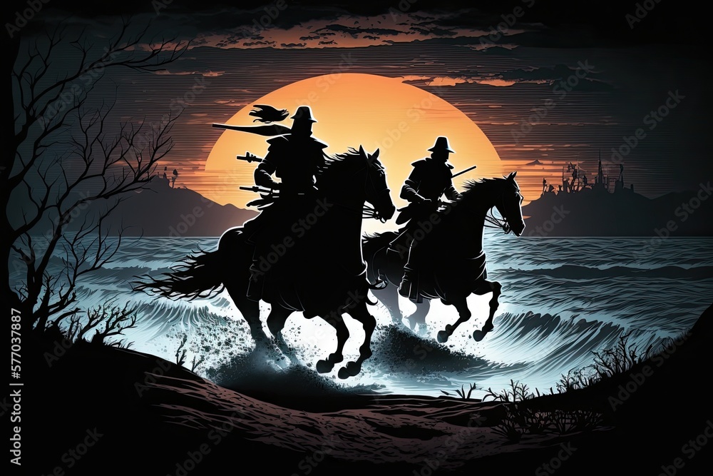 An epic wallpaper depiction of two riders silhouettes on horseback galloping away from the setting 