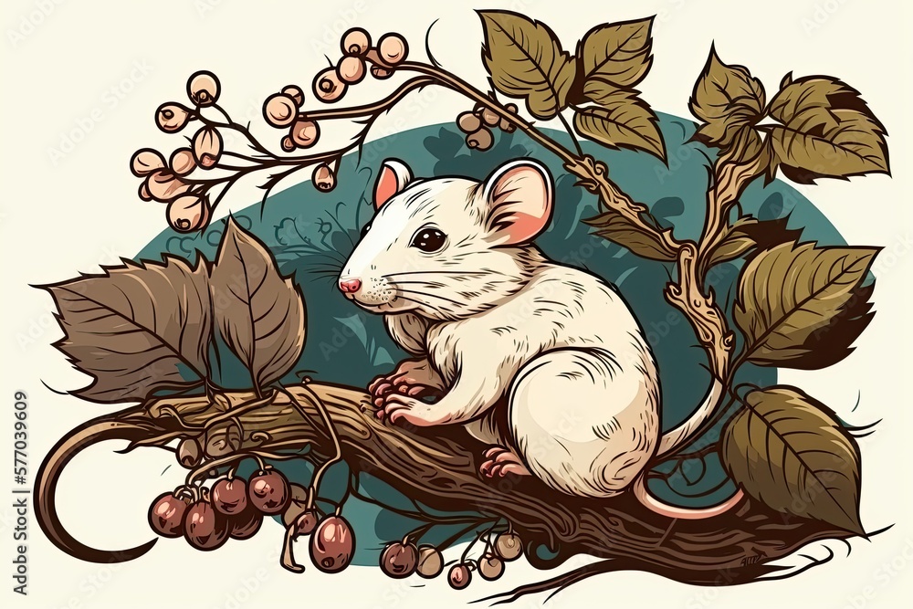 An endearing white rat rests on a cherry tree. Generative AI