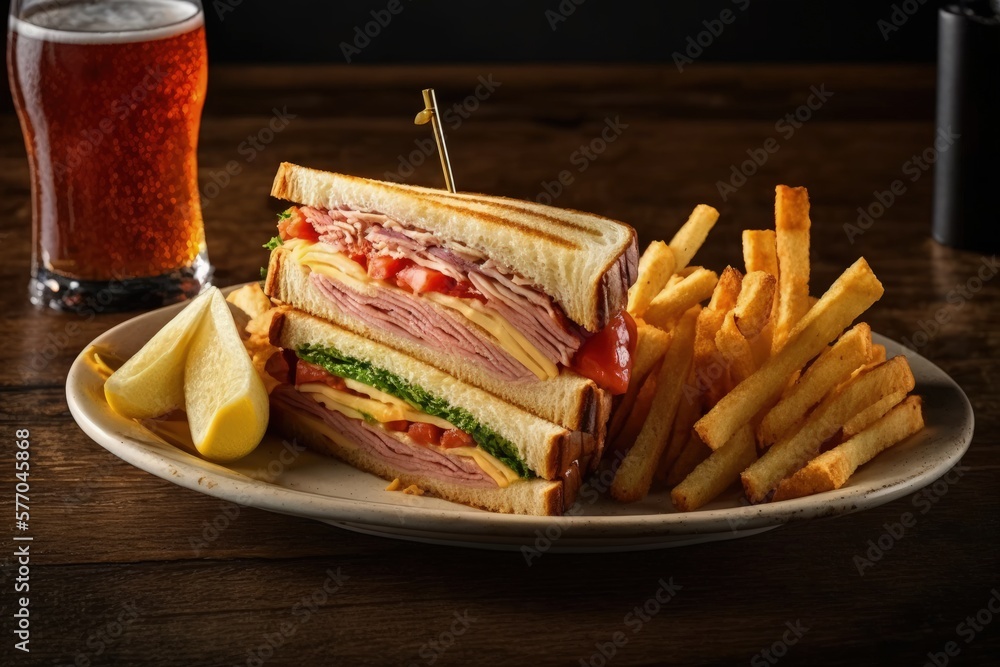 Club Sandwich stuffed with smoked meat, tomato, cucumber, and cheese. Served with a side of French F