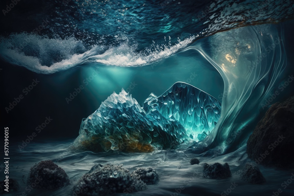 Underwater world glimpsed in dark, icy tones. Generative AI