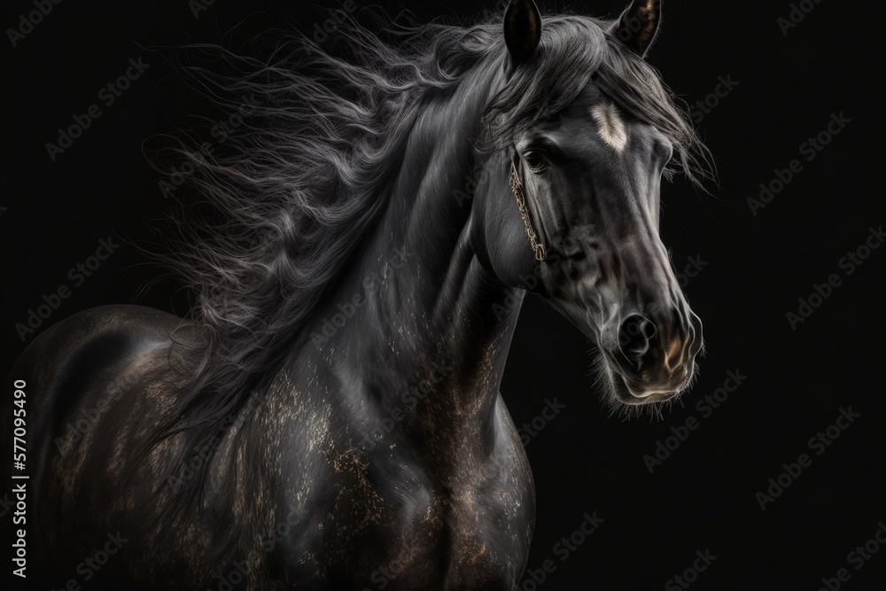 Friesian black horse breed portrait on a black backdrop. Generative AI