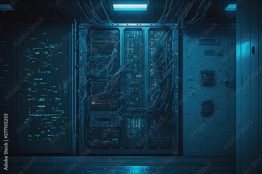 A gloomy server room filled with blue hardware for big data processing. Generative AI