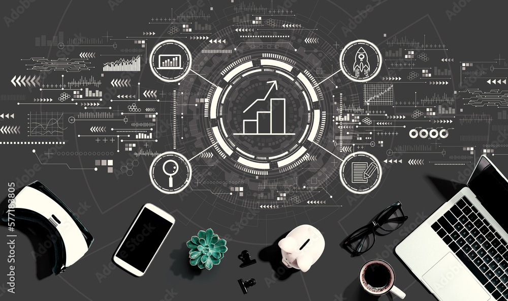 Business growth analysis with electronic gadgets and office supplies - flat lay