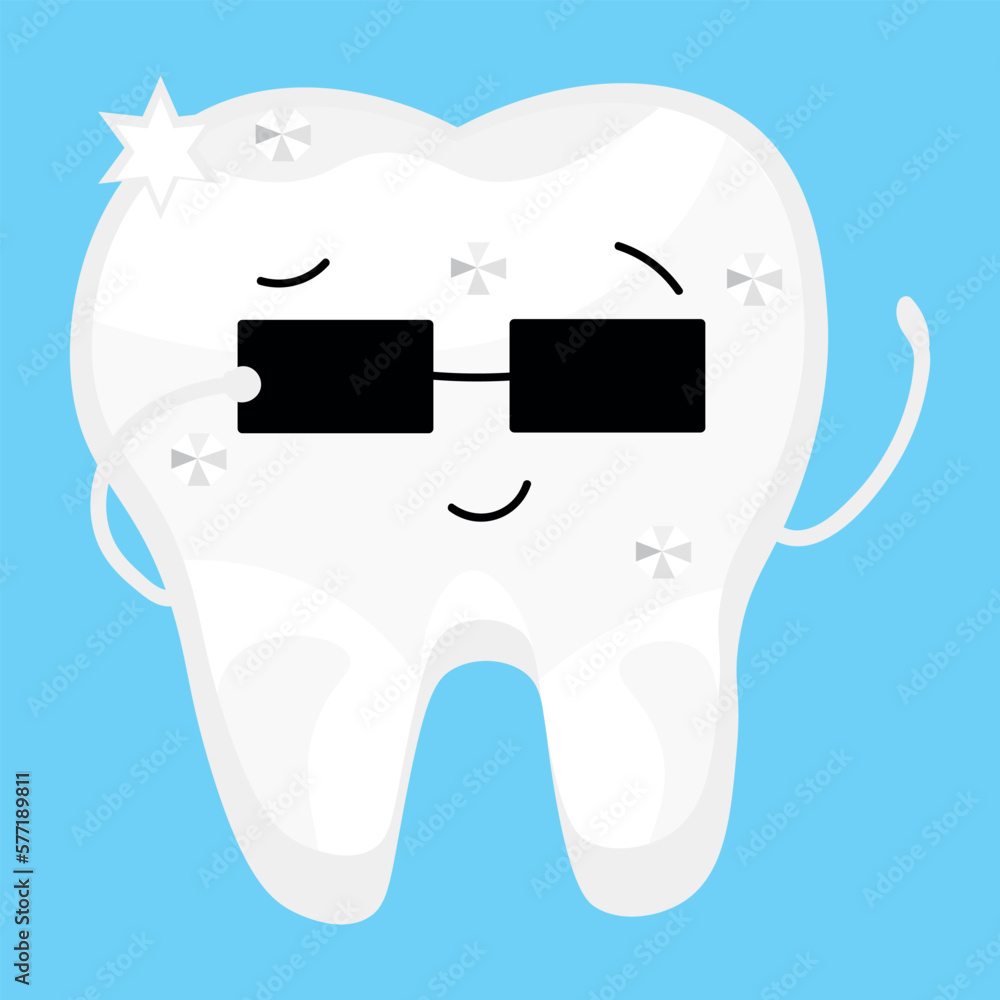 Cool tooth wearing sunglasses on light blue background